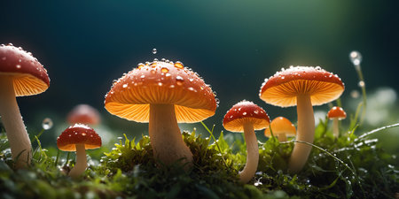 Mushrooms in the forest with water droplets on the leavesの素材