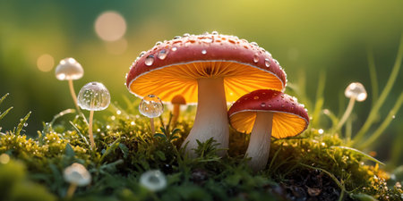 Fly agaric with dew drops in mossの素材