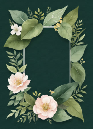 Floral frame with watercolor flowers and leaves on dark green backgroundの素材
