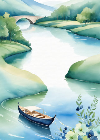 watercolor of a boat on the river, surrounded by trees and mountainsの素材