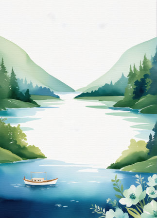 watercolor of a boat on the river, surrounded by trees and mountainsの素材