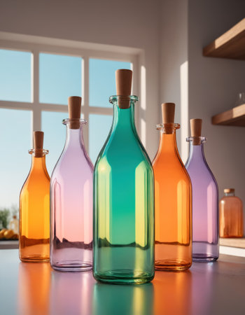 Colorful bottles on the table in the kitchenの素材