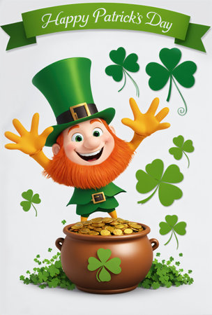Happy leprechaun with pot of gold and clover leavesの素材