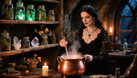 Beautiful woman witch preparing potion in cauldron. Halloween concept.の素材