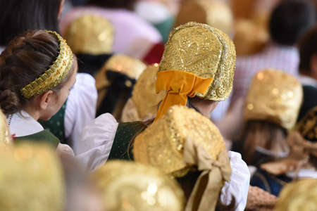 A gold cap - a traditional festive headgear for women and girls in Upper Austriaのeditorial素材