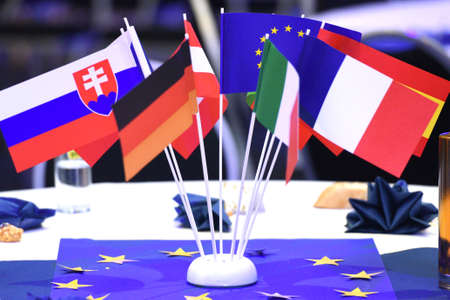 A few flags of EU member states on a tableのeditorial素材