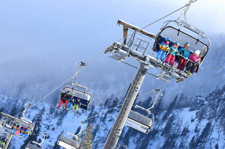 Winter sports in Austria, Kasberg ski area (GrÃ¼nau, Almtal, Salzkammergut, Gmunden district, Upper Austria, Austria)のeditorial素材