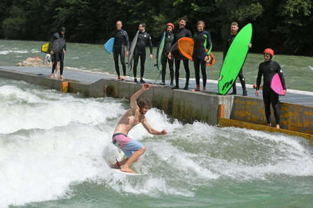 Artificial river wave in Ebensee, Salzkammergut, Austria, Europe