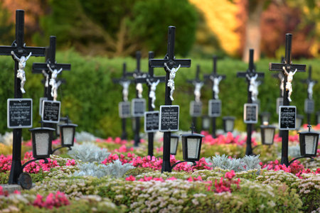Grave crosses in a row in the cemetery Wels in the evening sun, Austria, Europeのeditorial素材