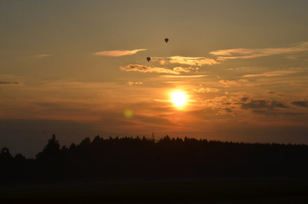 Balloons with a sunrise in the Salzkammergut, Austria, Europeの写真素材