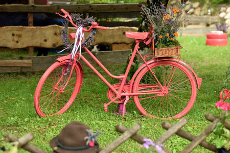 Pink painted bicycle with flower bouquet in the Salzkammergut, Austria, Europeの写真素材