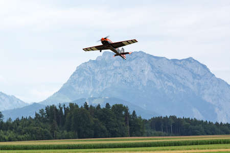 Model airplane with the Traunstein in the background, Salzkammergut, Austria, Europe