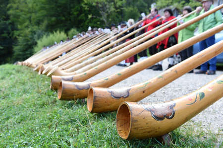 The "alphorn" is a wooden musical instrument several meters longの写真素材