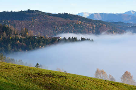 A blanket of fog in autumn on the Gahberg am Attersee, Upper Austria, Austria, Europeの写真素材