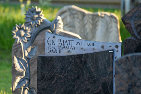 Grave crosses in a row in the cemetery Wels in the evening sun, Austria, Europe
