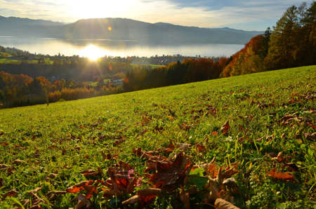 Autumn mood and sunset on the Gahberg am Attersee, Austria, Europeの写真素材