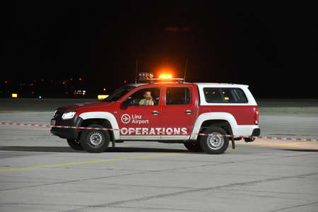 Linz Airport at night, Upper Austria, Austria, Europe - Linz Airport at night, Upper Austria,...