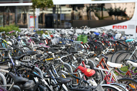 Bicycle parking lot at the main train station in Linz, Austria, Europeのeditorial素材
