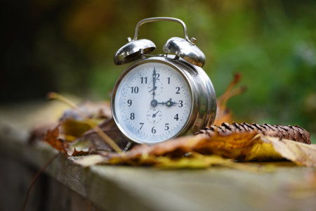 Time change from summer to winter time in autumn, alarm clock in the leaves