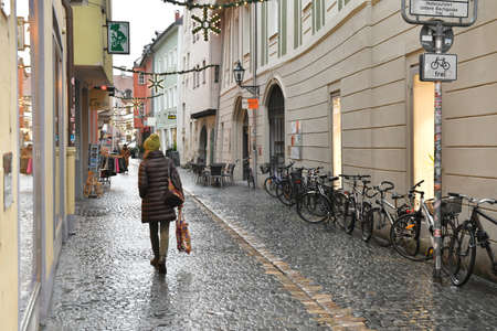 Old town of Regensburg on the Danube in the rain in winter, Bavaria