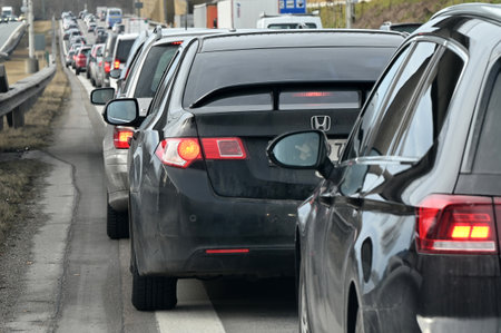 Traffic jam on the A8 motorway towards Munich just before Irschenberg in Bavaria