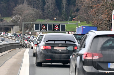Traffic jam on the A8 motorway towards Munich just before Irschenberg in Bavaria