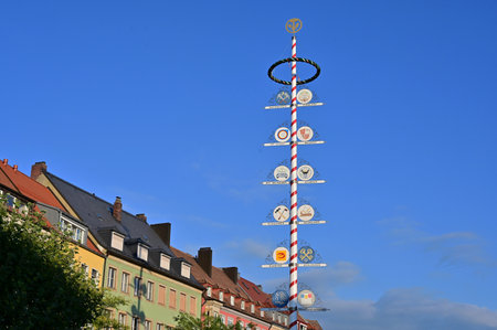Maypole / guild tree on Maximilianstrasse in the old town of Bayreuth, Bavariaのeditorial素材