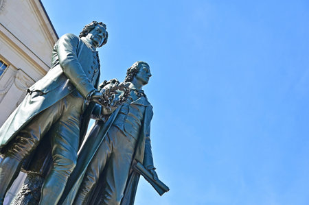 Goethe-Schiller monument in front of the German National Theater on Theaterplatz in Weimar, Thuringiaのeditorial素材
