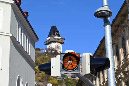 The famous Schlossberg in Graz with the clock tower visible from far awayのeditorial素材