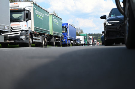 Traffic jam on the West Autobahn A1 between Thalgau and Wallersee, Salzburgのeditorial素材