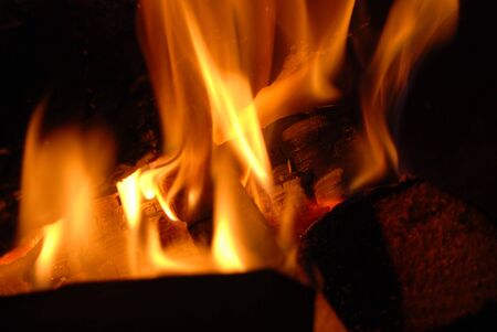Burning wood with beautiful flames in a fireplace. 