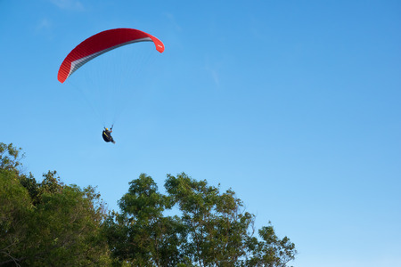 Paraglider in a blue sky with green treesの写真素材