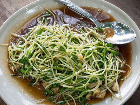 Fried sunflower sprouts with oyster sauce, Thai food.の写真素材