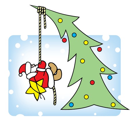Santa decorates a Christmas tree.のイラスト素材
