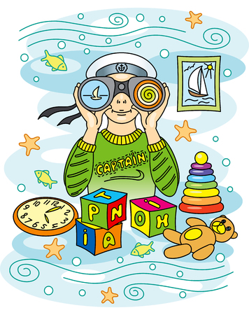 Boy looking through binoculars. Children's fantasy.のイラスト素材