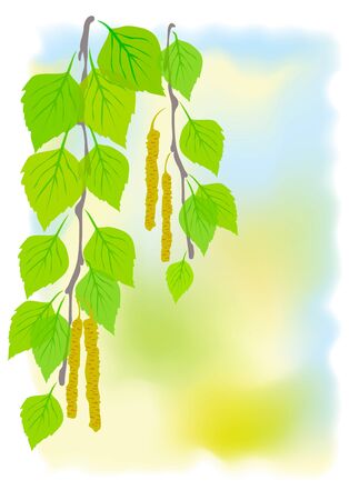 Sunny spring background with birch branches. illustration.のイラスト素材