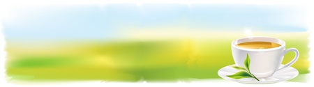 Panorama with Cup of tea and a natural green leaf. Background - sunny landscape. illustration.のイラスト素材