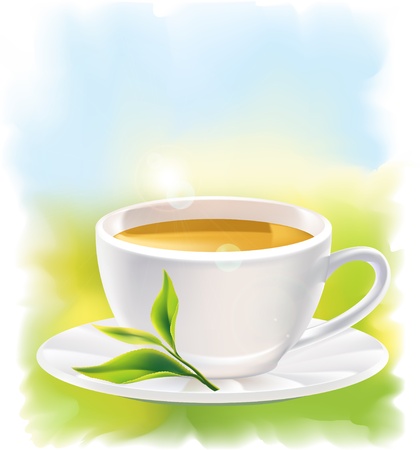 Cup of tea and a natural green leaf. Background - sunny landscape. illustration.のイラスト素材