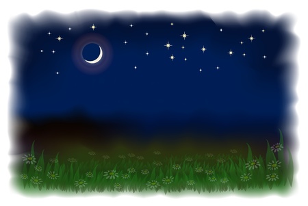 Meadow with daisies. Night landscape with the moon and stars.  Vector illustration imitating watercolor.のイラスト素材