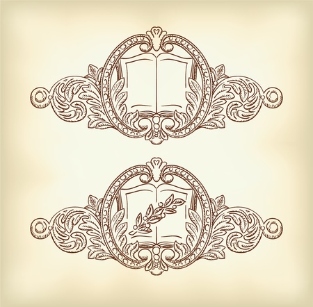 Vintage decor with an open book and a laurel branch.のイラスト素材