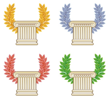Gold, silver, bronze and green laurel wreath with a Greek column. Vector set.のイラスト素材