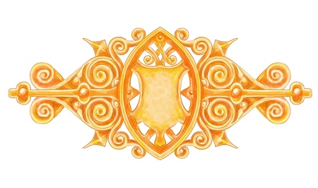 Ornated gold vintage decor with heraldic shield. Imitation of watercolor drawingのイラスト素材