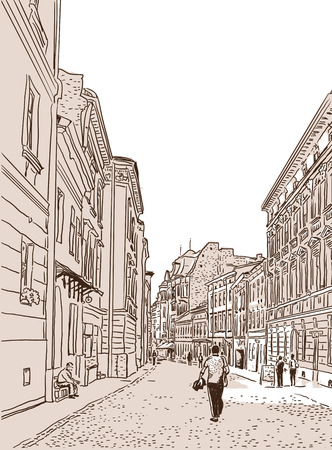 The ancient European foot street paved by a stone blocks sketch.のイラスト素材