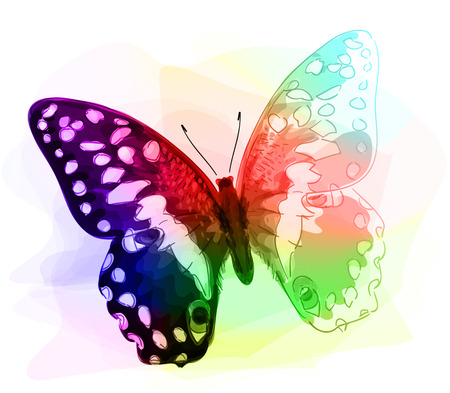 Butterfly. Iridescen colours. Unfinished Watercolor drawing imitation. Vector illustration.のイラスト素材