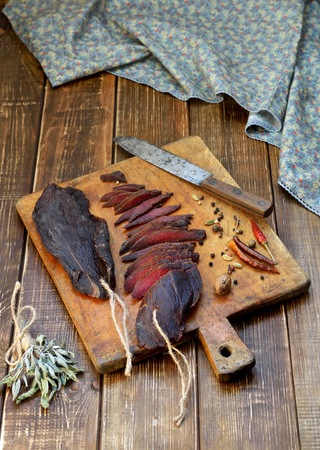Beef Jerky on the boardの写真素材