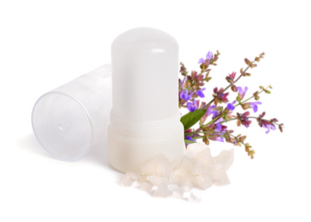 Mineral Potassium Alum crystal stick use as underarm deodorant. With sage flover. Isolated on white background.の写真素材