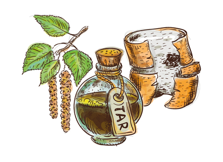 Birch coal tar in bottle with birchbark and twig. Watercolor imitation with sketch.のイラスト素材
