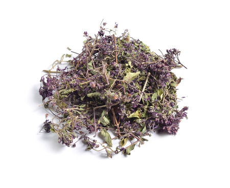 Dried medicinal herbs raw materials isolated on white. Origanum.の写真素材