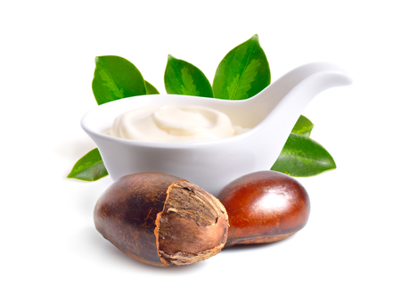Shea nuts with butter or cream in the bowl. Isolated on white background.の写真素材
