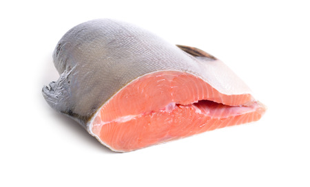 Pieces of pink salmon isolated on white background.の写真素材